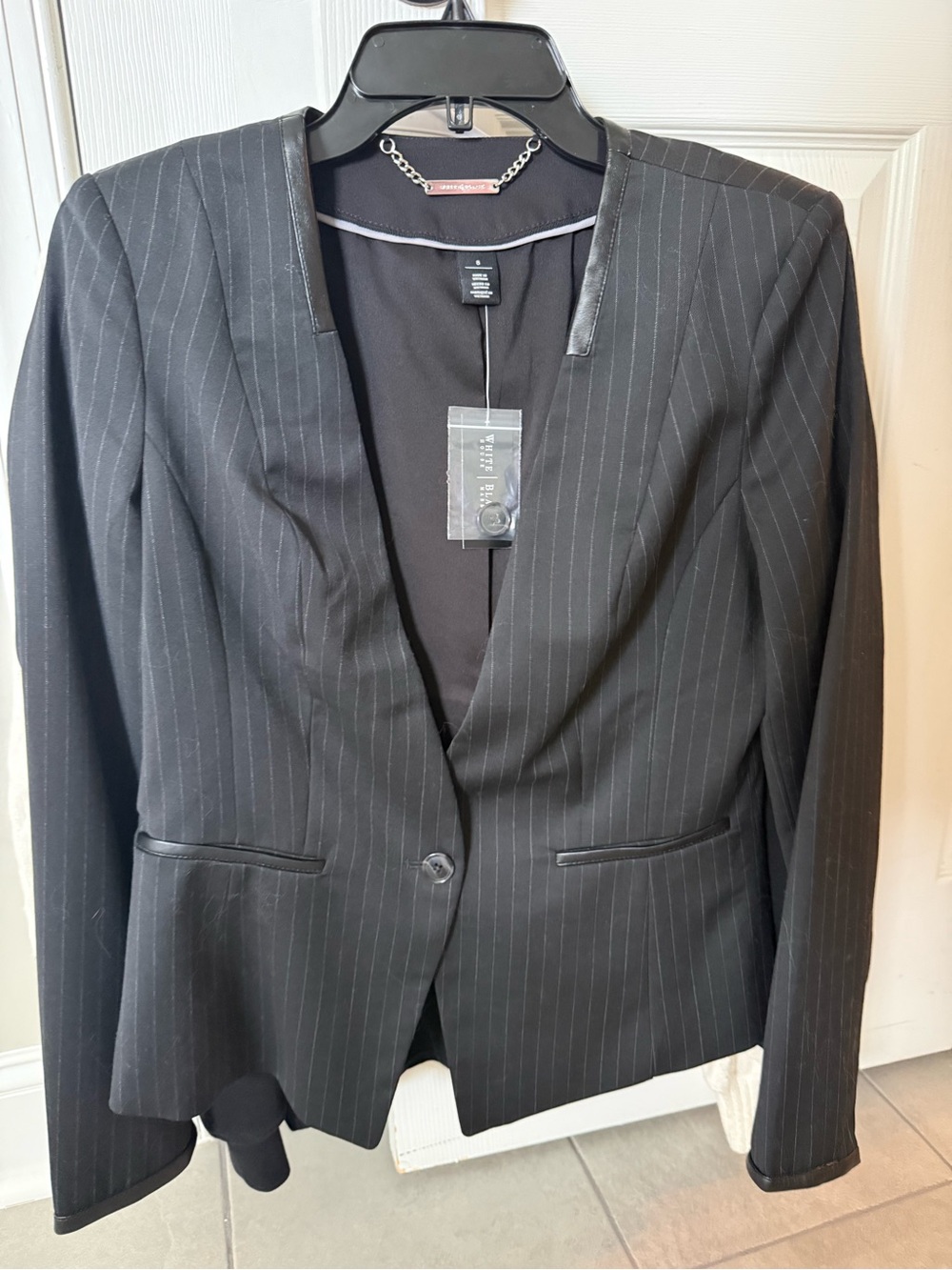 White House black market Black Pinstripe Blazer with Leather-Trim